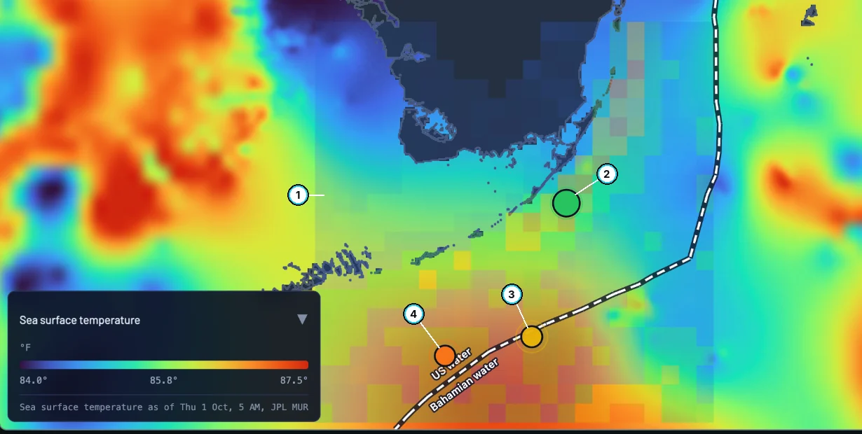 The FishIntel Convergence Map for Alligator Reef, October 2, 2026, with the fishability heatmap on: square cells shaded over the water around the Keys inside a detail box, and the three ranked spot pins, with four numbered callouts.