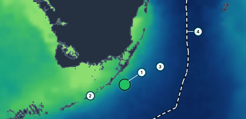 The FishIntel Convergence Map for Alligator Reef, October 2, 2026, on the chlorophyll layer: green water along the Keys turning to blue offshore, with spot 1’s green pin sitting on the line between them, and the dashed edge of US fishing water to the east, with four numbered callouts.