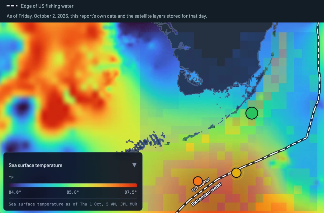 Map of the Florida Keys and the Straits of Florida with the three ranked spots marked as pins over a fishability heatmap, and a dashed line marking the edge of US fishing water.