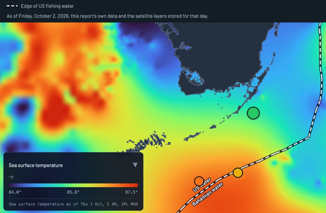 Sea surface temperature map of the Florida Keys and the Straits of Florida in degrees Fahrenheit, running from about 84 degrees in blue to 87.5 degrees in red, with the three spots marked.